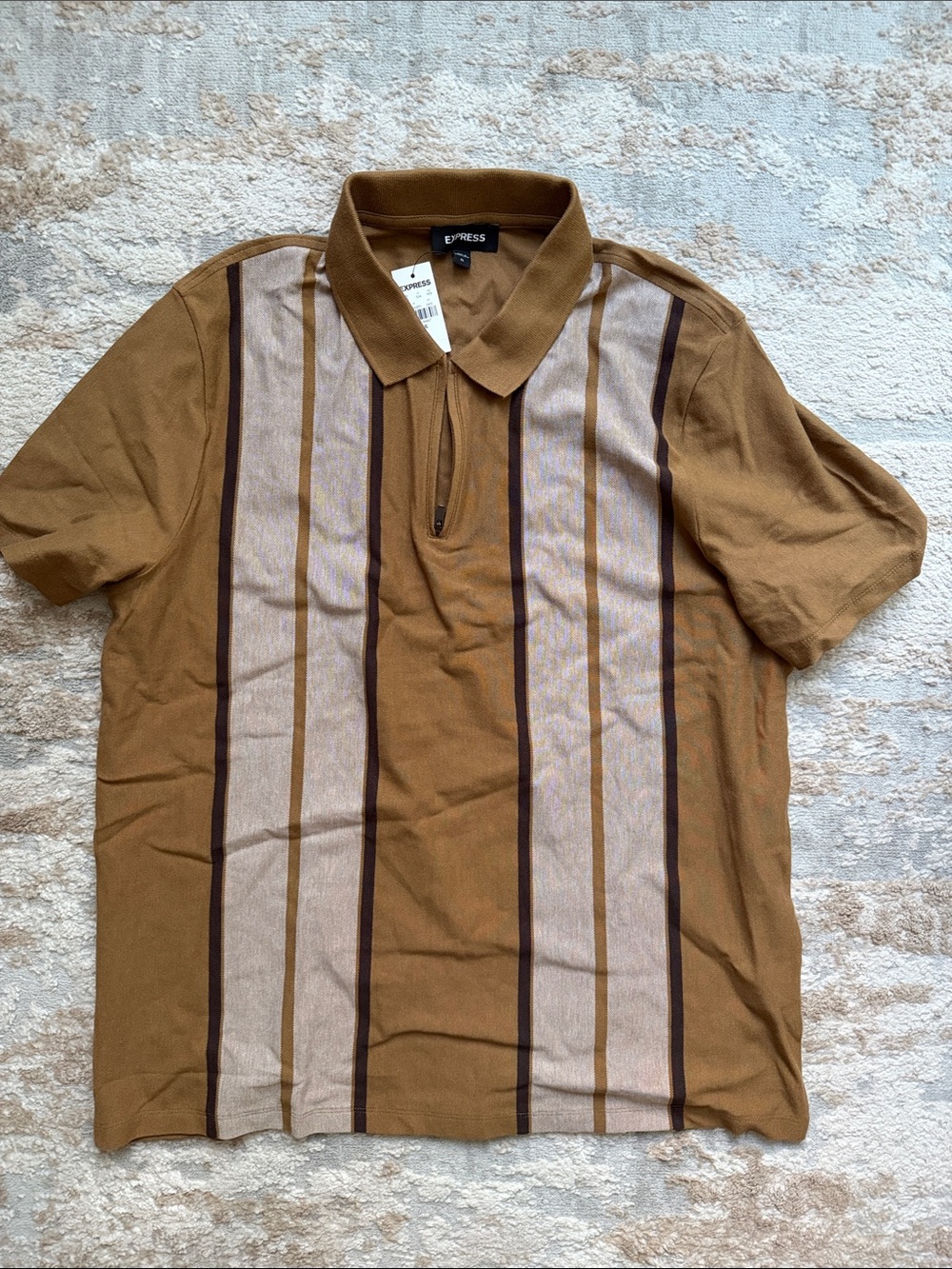 Express Men's Brown and Beige Striped Polo - Size XL
